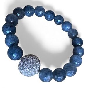 Slate Gray 10mm Faceted Crackle Agate Stretch Bracelet w/Silver Pave Coin Spacer